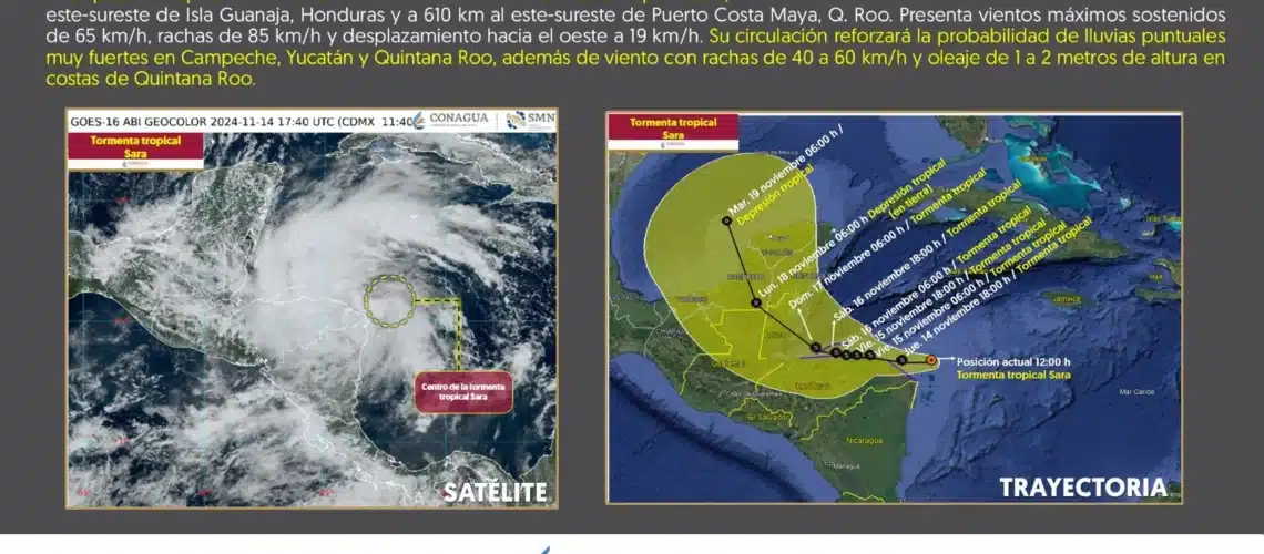 Decretan alerta azul para el centro y sur de QRoo por la tormenta tropical ‘Sara’